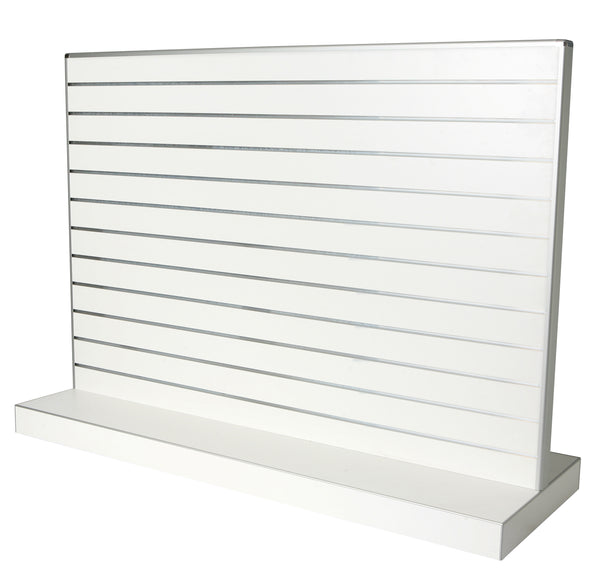 White display stand with horizontal slats on a white background - plain
