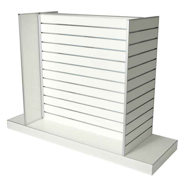 White retail display gondola with slatwall design and end panels on a white background