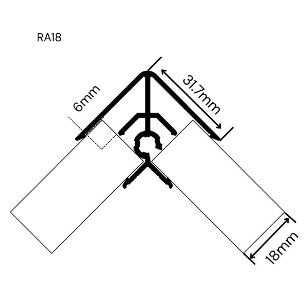 Technical drawing showing dimensions of RA18 Square Head external corner panel join for non mitred mdf panels on a white background