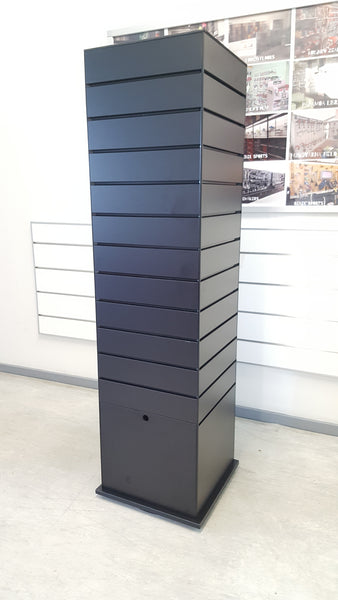 A retail display tower in an all black showing MC18X joins used in the corners