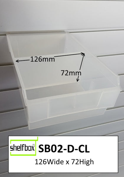 shown here is shelfbox display container divided by slatbox display divider