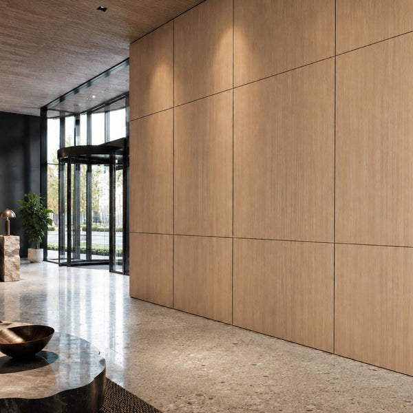 A modern interior lobby with a large wall panel made of light wood grain panels joined with black power coated Stickman Linear butt Join profiles MCLNJOIN, set against a wood ceiling and a polished stone floor.