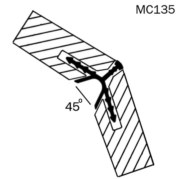 Technical drawing of a Stickman aluminium profile for joining wooden panels at  135-degrees with a 'MC135' label on a white background.