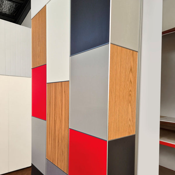 Multi coloured panel feature detailing created using Stickman Linear External corner joins MCLNCORN and butt joins MCLNJOIN in  a factory setting
