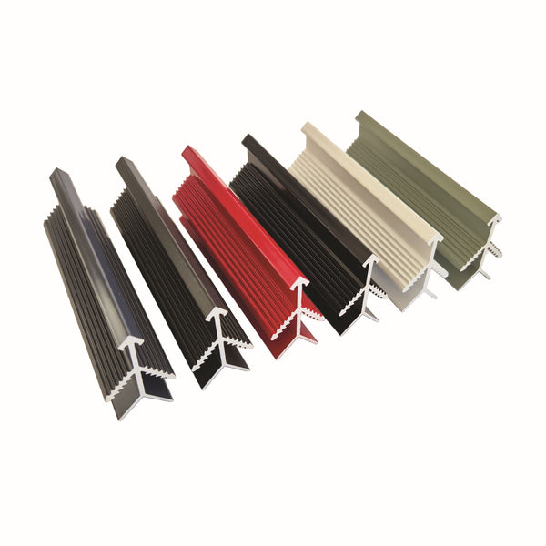 Six Stickman aluminum corner join profiles in different powder coated colors (blue, black, dark gray, red, white, and olive green) arranged in a fan shape on a white background.