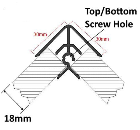 Stickman right angle anodised aluminium corner illustration showing dimensions and product detail. 