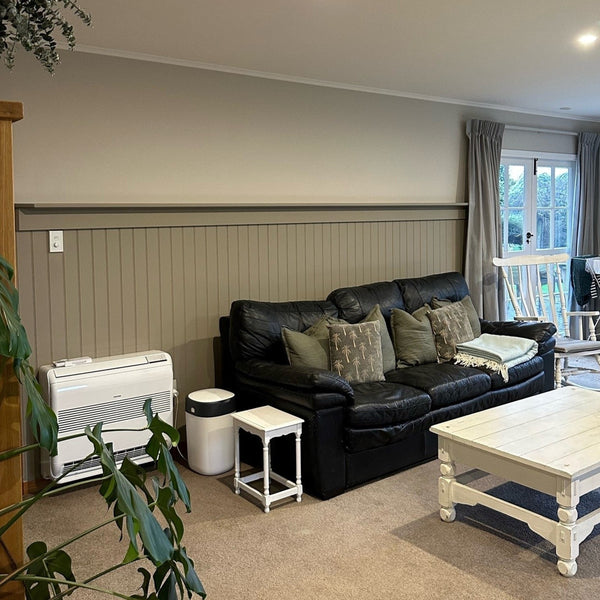 W Groove wall panelling painted green in Living Room