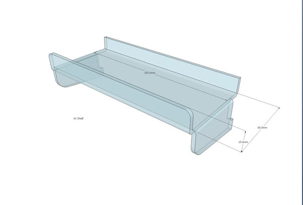 a technical drawing of Plankwall's clear arcylic shelf with specifications