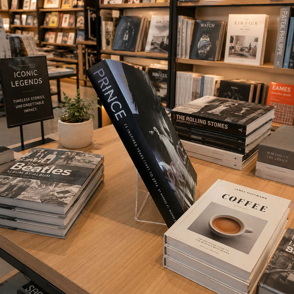 clear acrylic retail book easel features the latest coffee book at local book shop