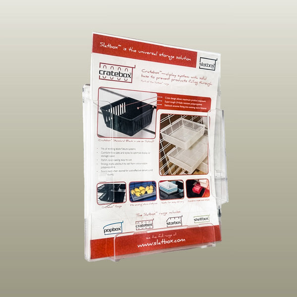 brochures supported by Plankwall clear acrylic brochure holders for slatwall display panel wall 