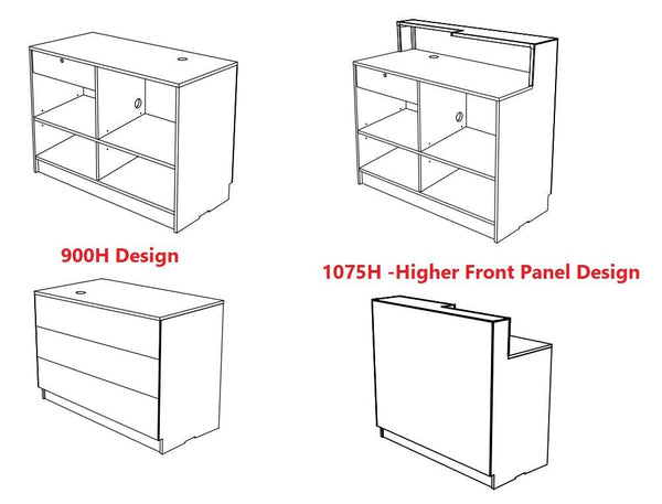 Line drawings of cashier desk designs labeled '900H Design' and '1075H - Higher Front Panel Design' on a white background.