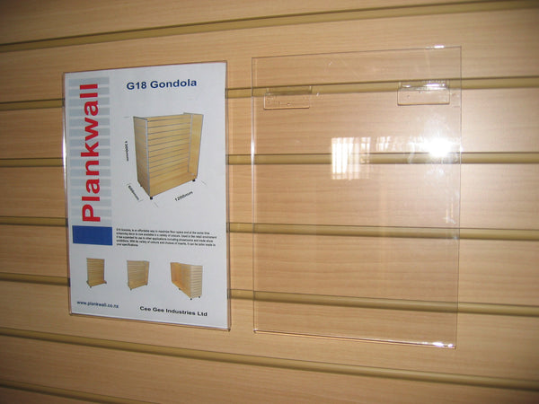 Plankwall g18 Gondola leaflet displayed in a sign and brochure holder next to an empty brochure holder, both mounted on a slatwall panel using PC2 slatwall clips