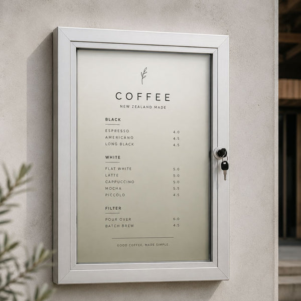 Lockable poster box shows coffee menu here. Great investment in signage