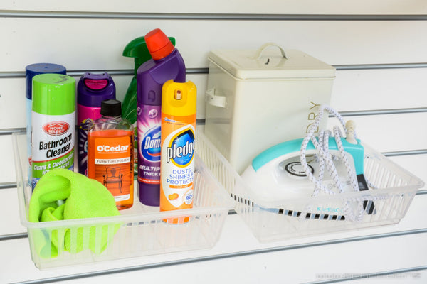 photo of two clear cratebox display container tray for the laundry area
