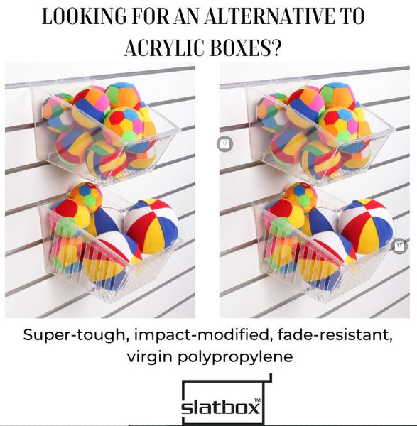 photo of four slatbox display containers on slatwall