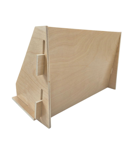 backside view of custom made wooden custom display on a white background