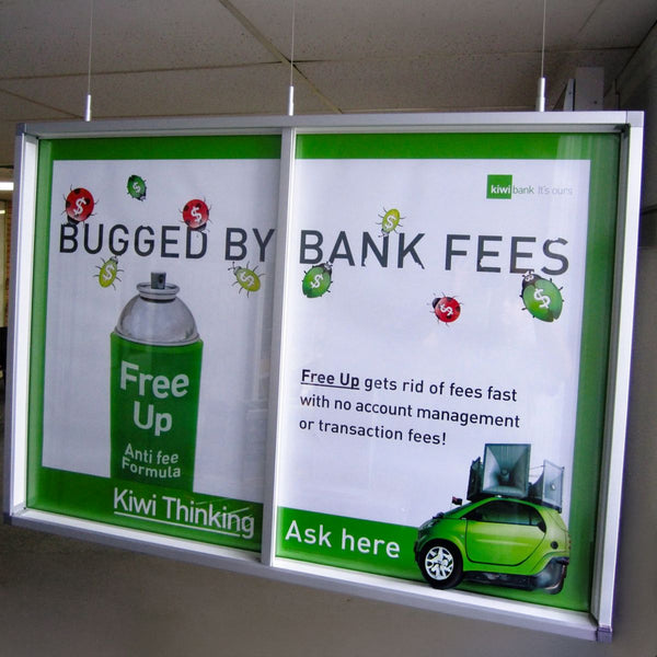 custom built poster frames for the bank using Postaframe as a promo display solution