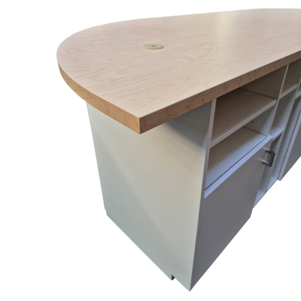 Inside detail of custom wooden cahier's desk with white storage unit made in Auckland New Zealand