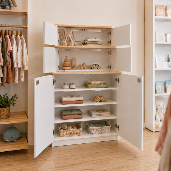 custom 3-tier retail display stand custom made in Auckland. Designed for high-end boutique environments, these units feature integrated shelving for tech products (like baby monitors) and lower storage for inventory—all finished with a clean, modern oak and white aesthetic.