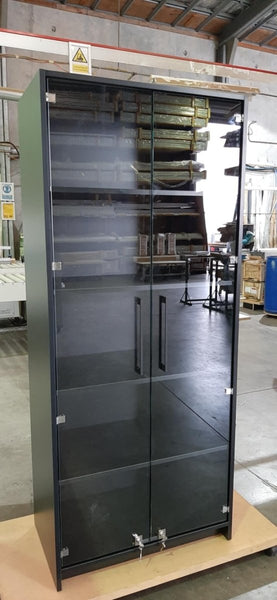 Custom black retail display cabinet with glass doors and locks