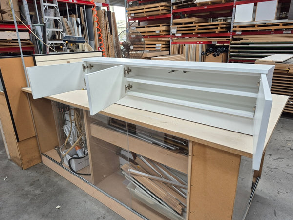 Custom low drawer cabinet white with doors open