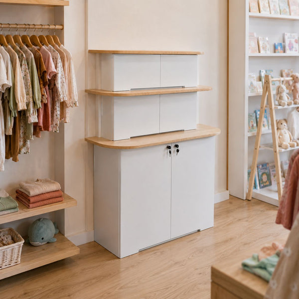 Children's room with wooden shelves, clothes rack, and storage unit.