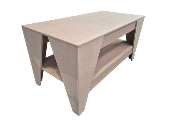 Wooden MDF workbench with a shelf on a white background