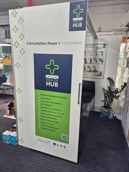 Health Hub consultation room build with green and blue design