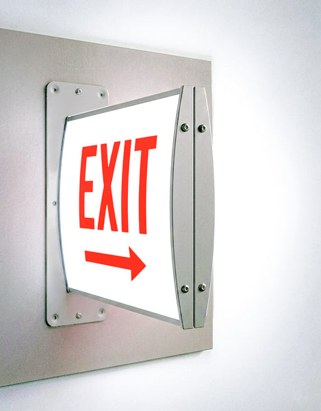 Double sided postaframe exit sign with red text and arrow on a white background