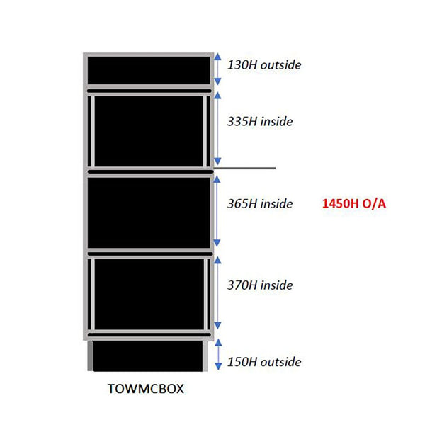 diagram of the four sided open box display tower with three level of shelving cubes with measurements