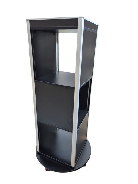 black rotating retail display tower stand ready to use for retail or for trade shows