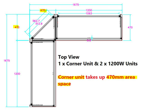 Technical drawing of a corner unit and two 1200W units with measurements.