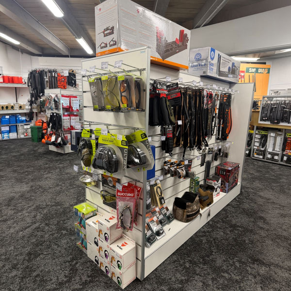 shown here is Plankwall® g60 retail slatwall display gondola with single prong flip tickets 