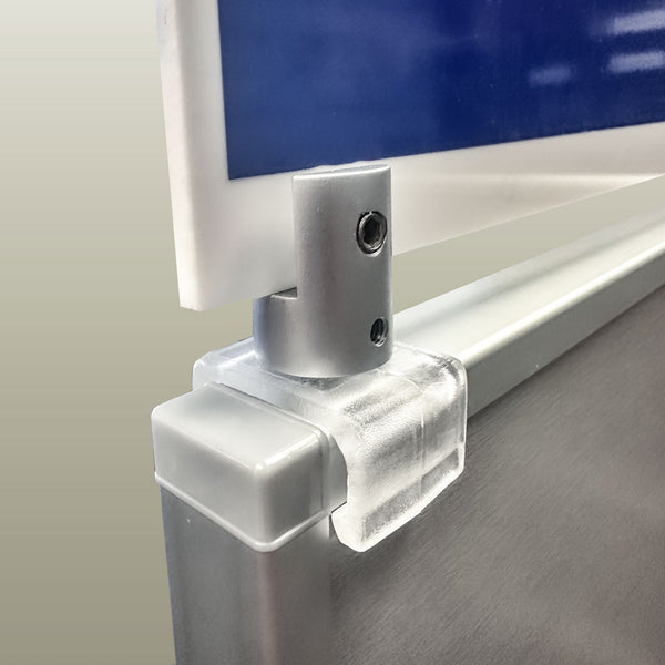 Sign holder for 18mm edged gondola display wall that stands 20mm and holds up to 8mm signs with a screw in secure hold on the end panel