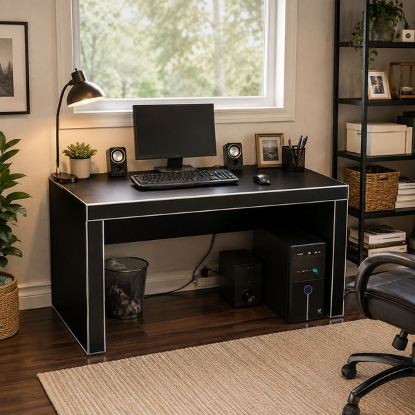 Home office setup with Plankwall's kingston desk, computer equipment, and office chair.