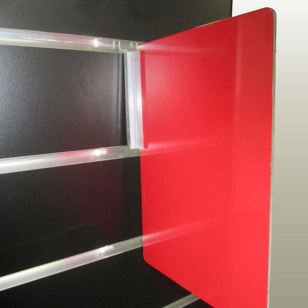 Plankwall vertical divider used to hold signs and dividers neatly on retail display panels and slatwall as shown here vertically 