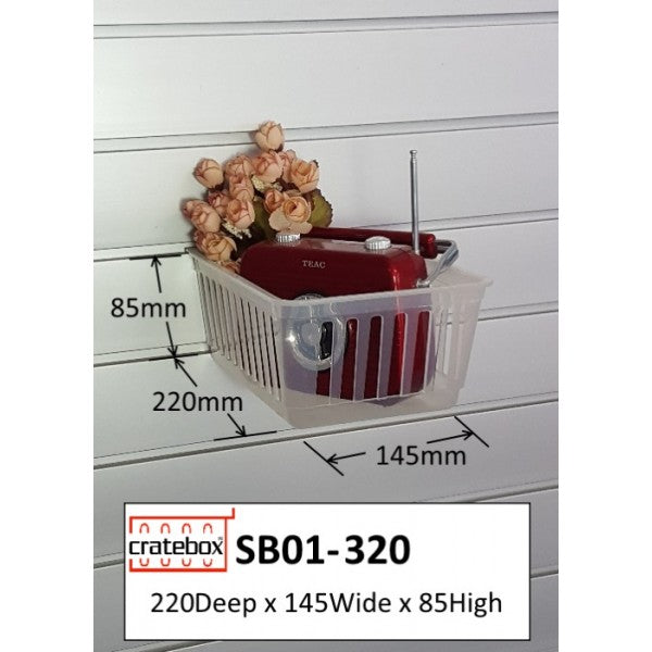 photo of long slatbox cratebox display container on slatwall with merchandise 