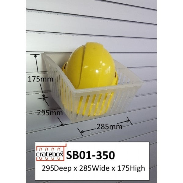 photo of a medium tilted slatbox cratebox display container holding merchandise on slatwall