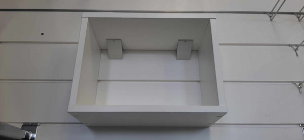 Colour and finish options for Plankwall Open Display Box Shelf (white, black, melamine)