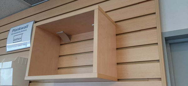 Angled perspective of Plankwall Open Display Box Shelf for retail display in wood