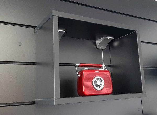 Front view of Plankwall Open Display Box Shelf on slatwall panel