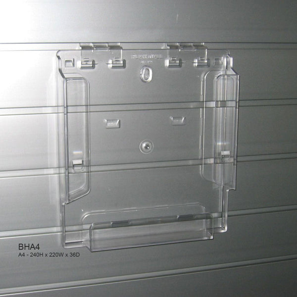 Shown here on slatwall Plankwall's A4 brochure holders made from clear acrylic for retail displays