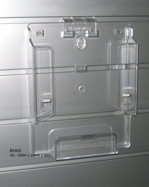 Shown here on slatwall Plankwall's A5 brochure holders made from clear acrylic for retail displays