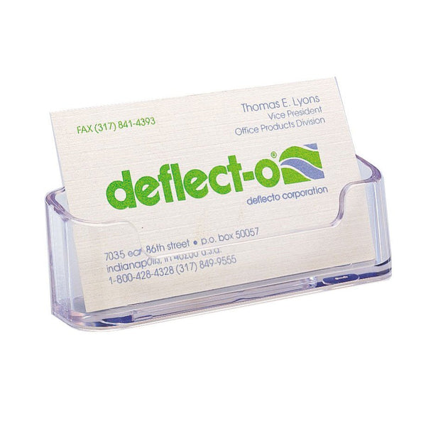 Front view of clear acrylic business card holder for office counters detail