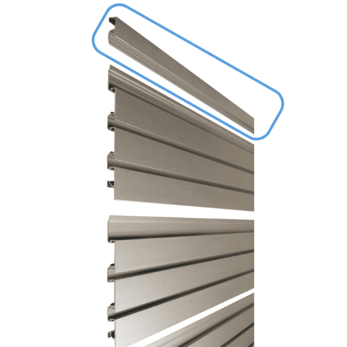 Plankwall All-Ali aluminium slatwall top cap used for clean alignment of modular slatwall displays.