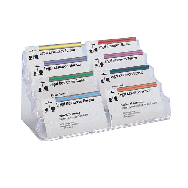Clear business card holder used on an office counter display holding 8 sections for cards