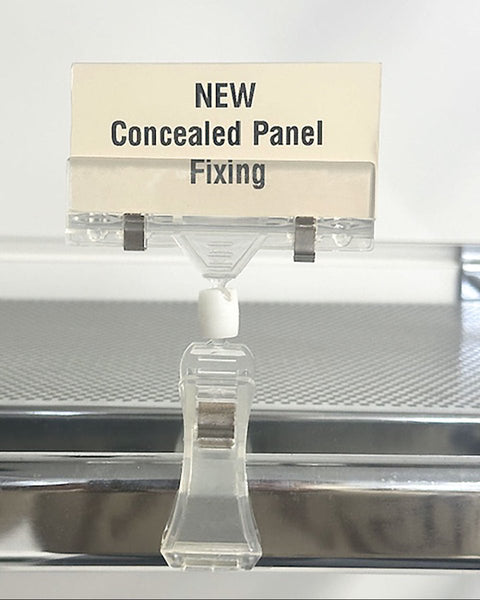 Card clip clamp sign holder on Garment Rail with built-in Shelf