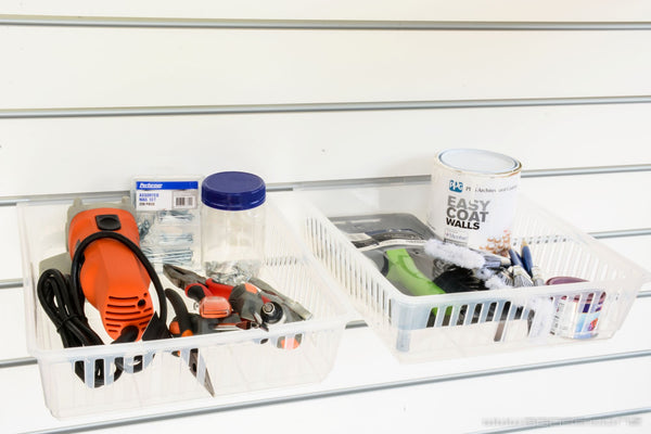 photo of two Plankwall slatwall cratebox tray containers with hardward tools and equipment  