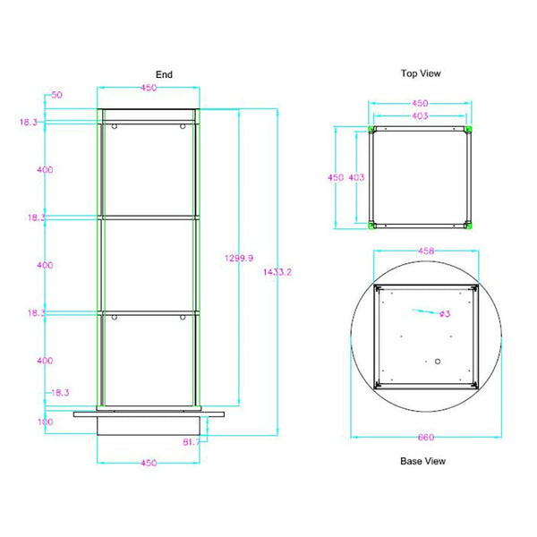 diagram of the four sided open box display tower with three level of shelving cubes 