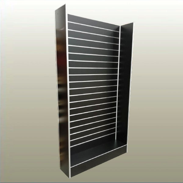 Plankwall freestanding slatwall display panel with side walls front view for retail merchandising and trade show displays.